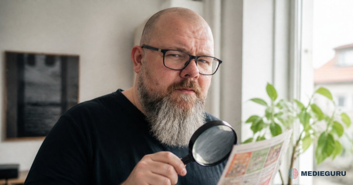 Thor Jadesø står ved et vindue og holder en lup over hjørnet af en reklameflyer og ser mistænksom ud