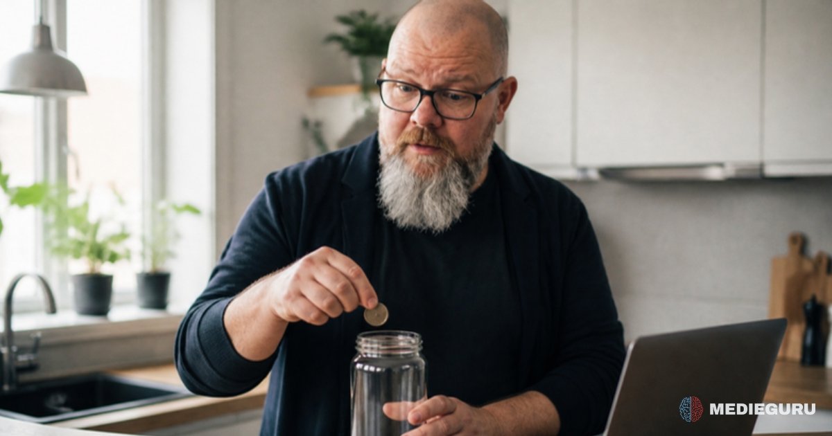 Thor Jadesø står ved køkkenbordet og lægger en mønt i en næsten tom glaskrukke med en bærbar computer ved siden af
