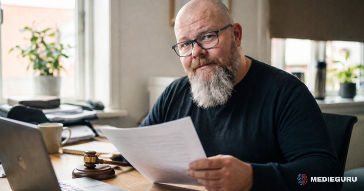 Thor Jadesø sidder ved skrivebordet med en kontrakt i hånden og en lille dommerhammer ved siden af computeren og løfter skeptisk det ene øjenbryn