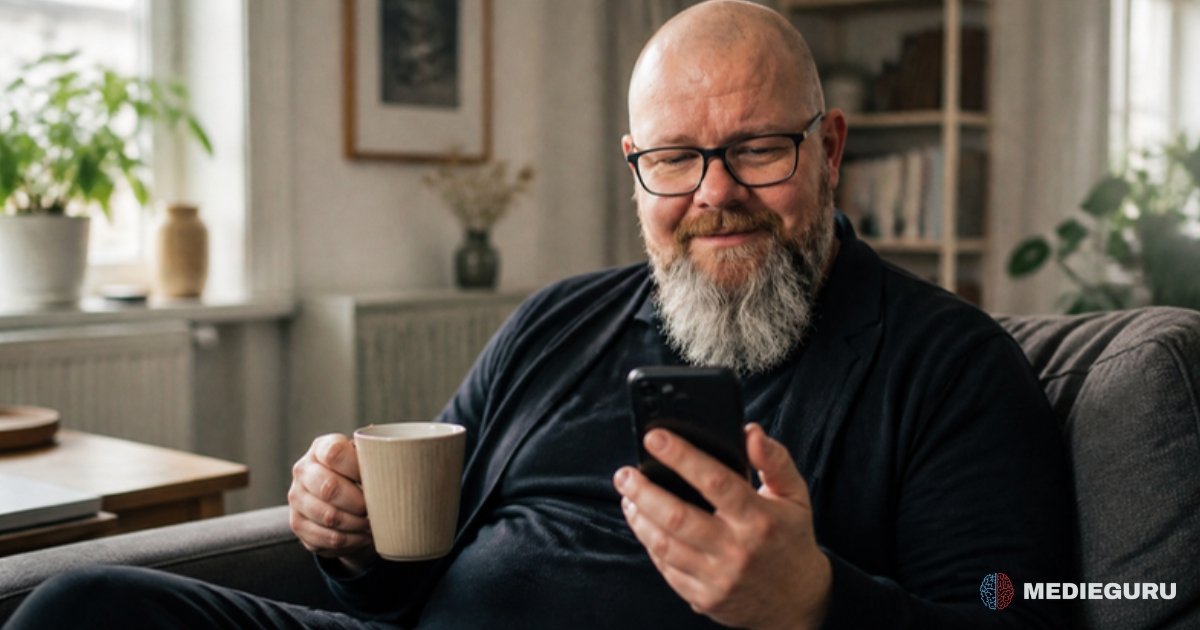 Thor Jadesø sidder afslappet i sofaen med en kop kaffe og smiler lettet ned i sin telefon