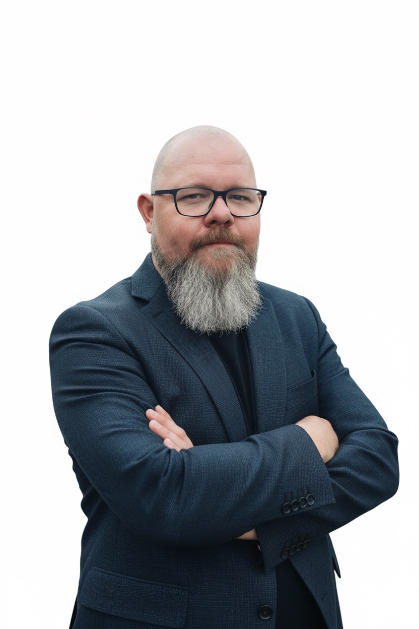 Thor Jadesø står med armene over kors mod en hvid baggrund