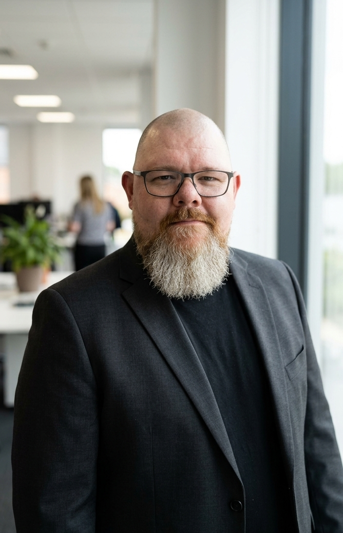 Thor Jadesø står i et lyst kontor i mørk blazer